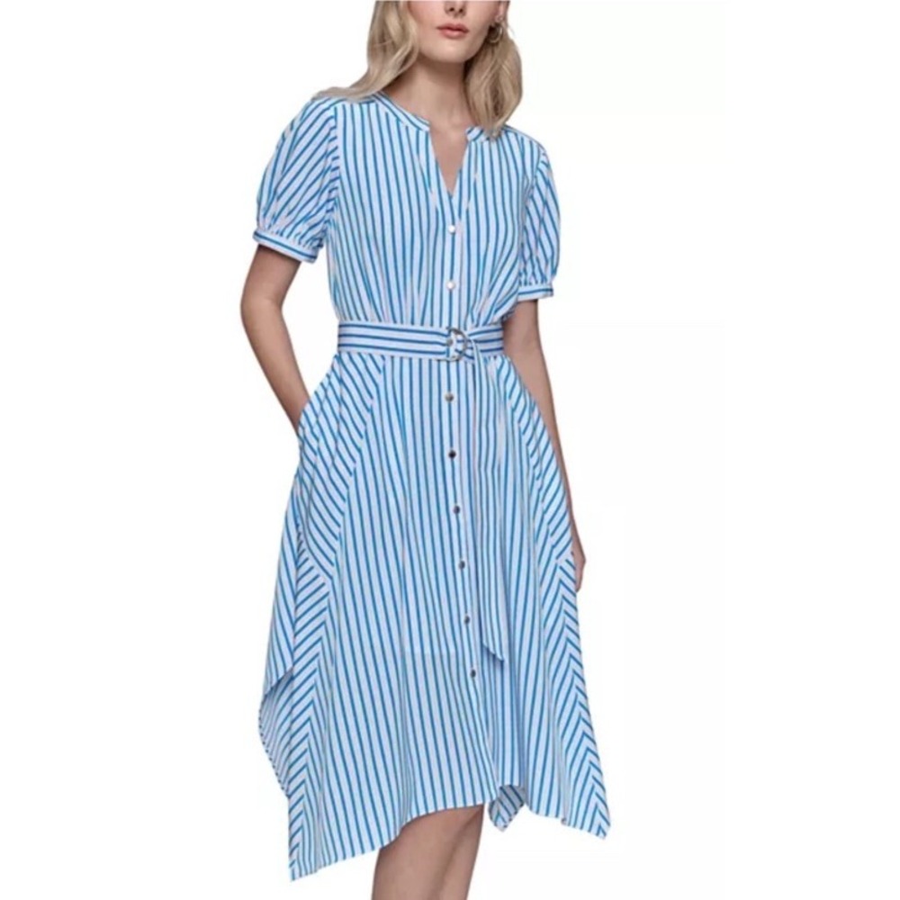 Karl Lagerfeld Paris Asymmetrical Hem Striped Belted Dress Blue White